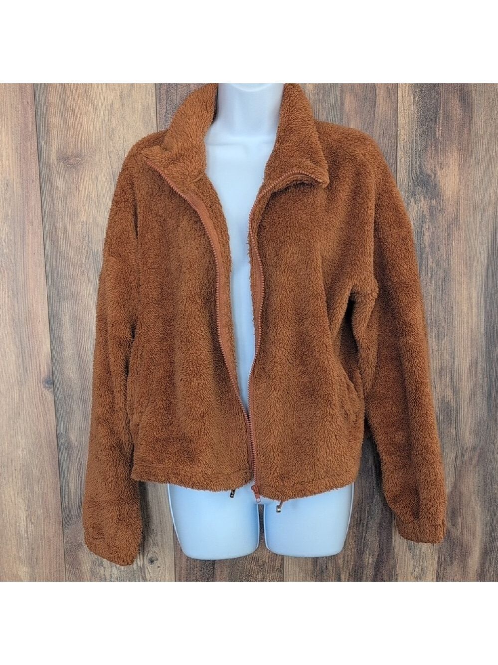 SHEIN Cozy Burnt Orange Full Zip Sherpa Style Crop Coat M          715AB